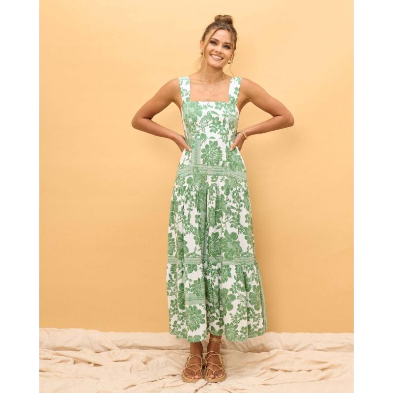 YYFS Women's Fashion Summer Spring Flower Pattern Print Sleeveless Suspenders High Waist Casual Dresses