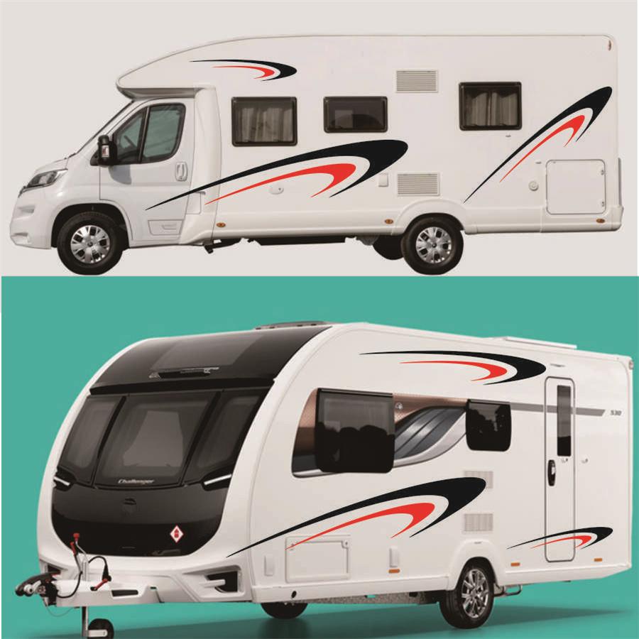 Car Two Body Side Stripes Stickers Vinly Decals Black+Red For Camper RV Trailer