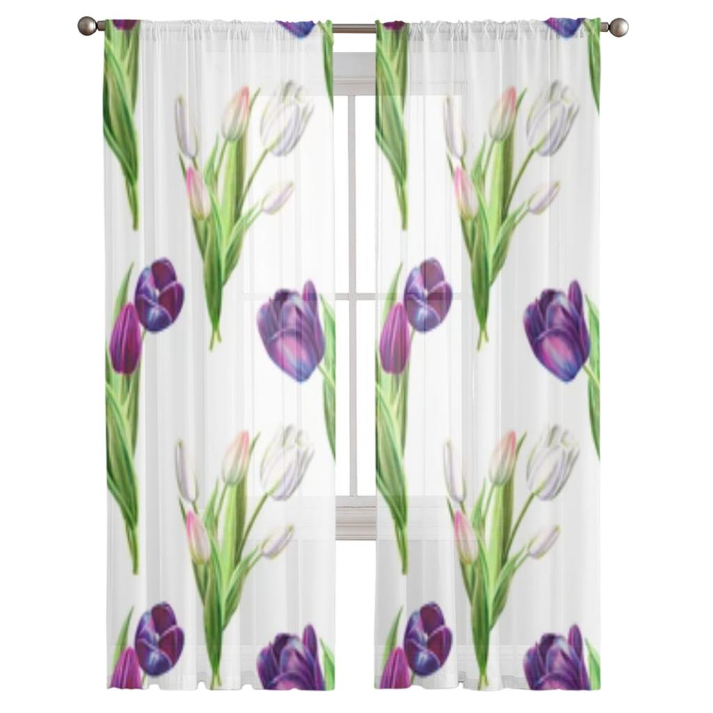 Tulpen Aquarell Malerei Sheer Fenster Vorhänge Für Wohnzimmer Schlafzimmer Moderne Voile Tüll Vorhänge Stoff Vorhänge Für Küche