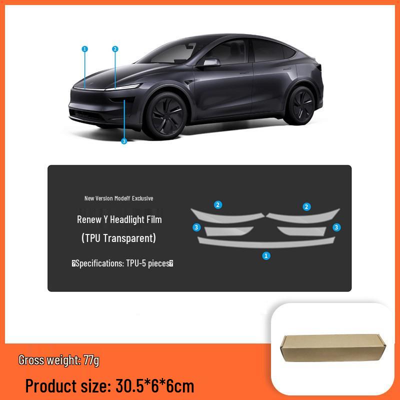 Tesla Model 3/Y TPU Anti-Mud Smoked Film: Headlight, Taillight, Center Pillar, Door Handle Protection.