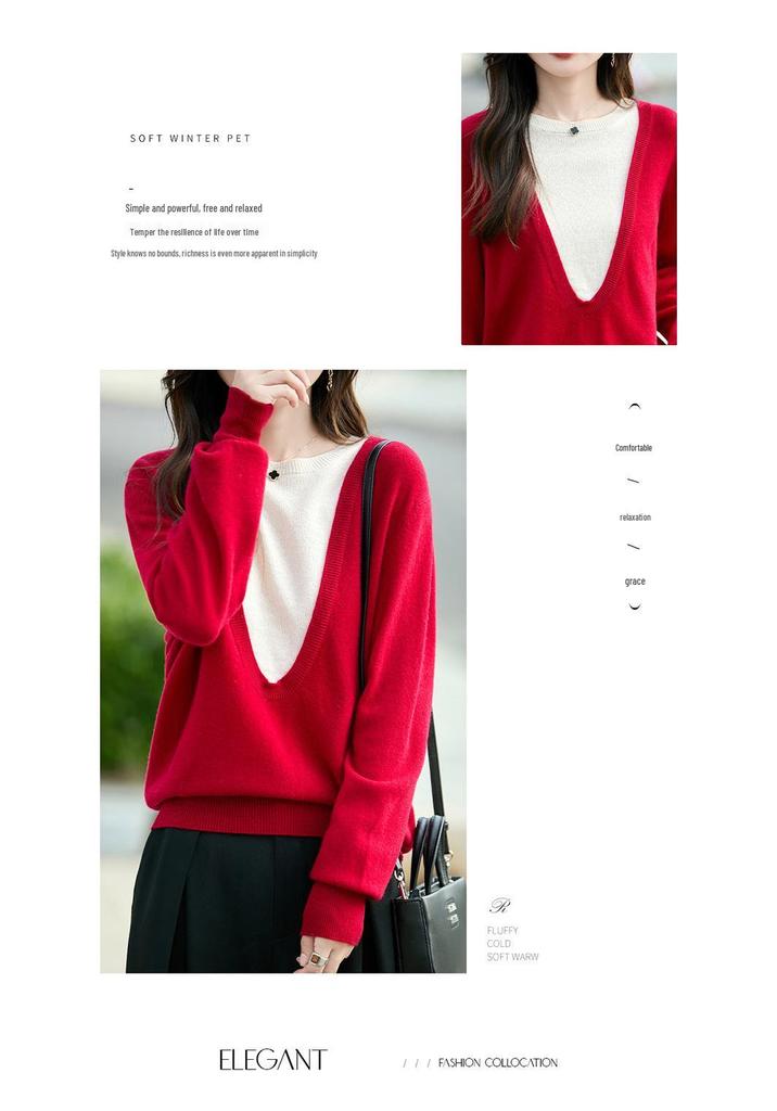 2025 Autumn/Winter Women's 100% Pure Wool Color Block Round Neck Sweater - Versatile Fake Two-Piece Pullover Base Layer