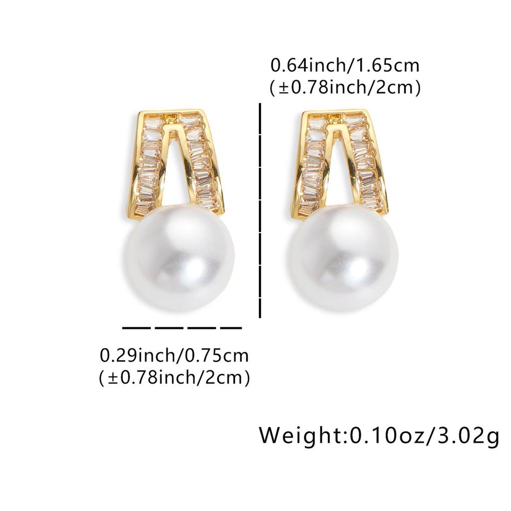 LNCHRAN Gold Copper Trapezoid Stud Earrings with Cubic Zirconia & Faux Pearl for Women