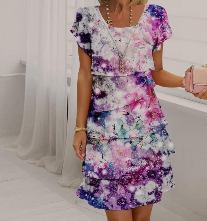 2025 Summer Women's Short Sleeve Tiered Chiffon Dress - European & American Style