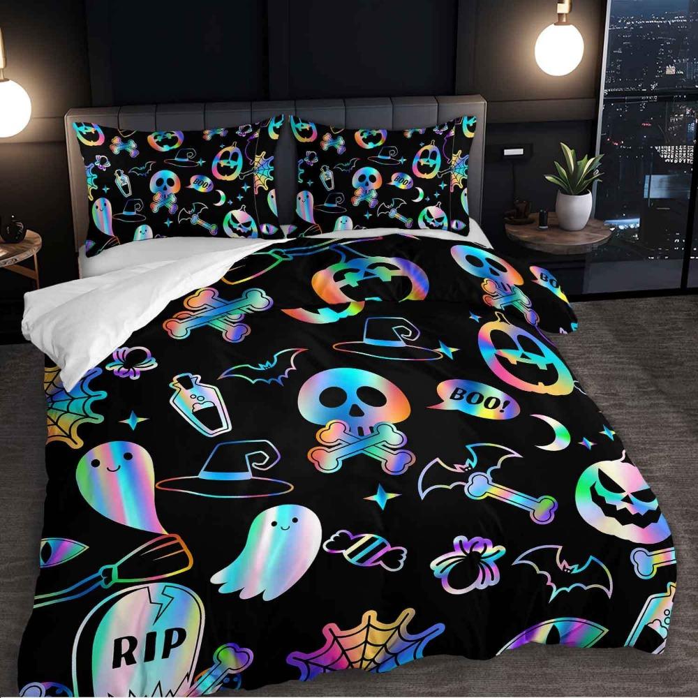 Halloween Bedding Set Colorful Funny Ghosts Print Cozy Duvet Cover Set King Queen Twin Single Size Birthday Gift Bedroom Decor