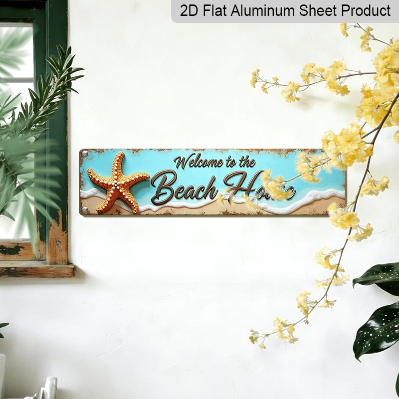 2D Flat, Stylized "Welcome To The Beach House" Metal Sign - Ocean Theme Wall Decor with Starfish and Shells Alumium Decorative Sign, Vintage Style