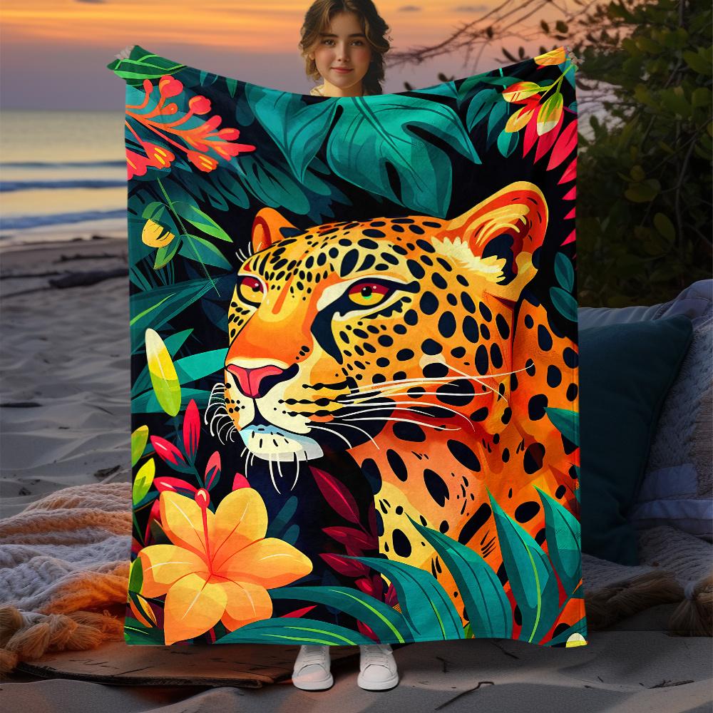 Cozy Cartoon Leopard Print Flannel Throw Blanket - Lightweight, Soft & Warm for Couch, Bed, Travel, Camping | Available in Sizes