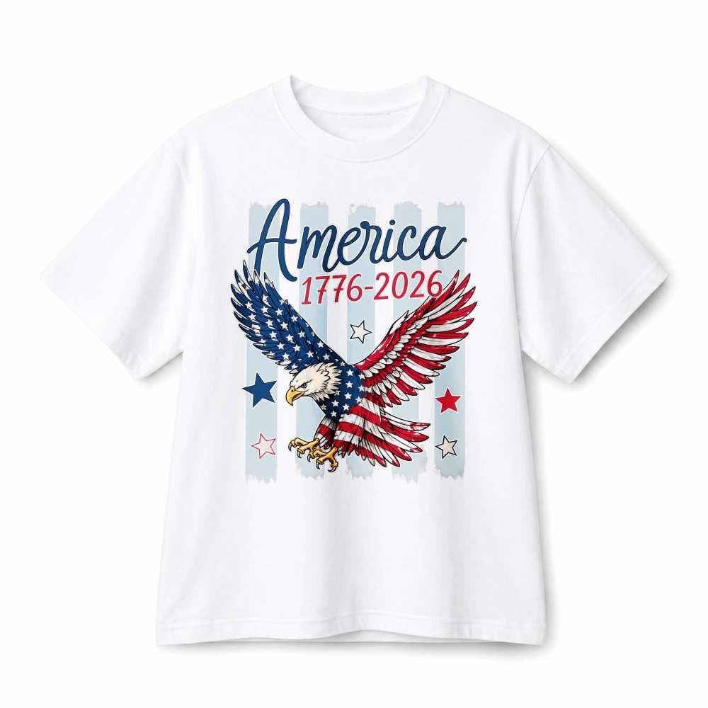 Amerika 1776-2026 Kel Kartal ABD Bayrağı Yumuşak Retro Grafik Pamuklu Tişört Unisex