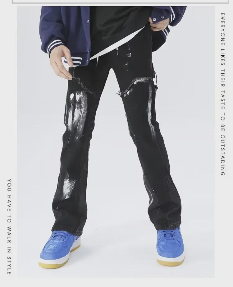 Herren Trendige Europäische & Amerikanische Washed Patchwork Schlagjeans mit Farbklecksen