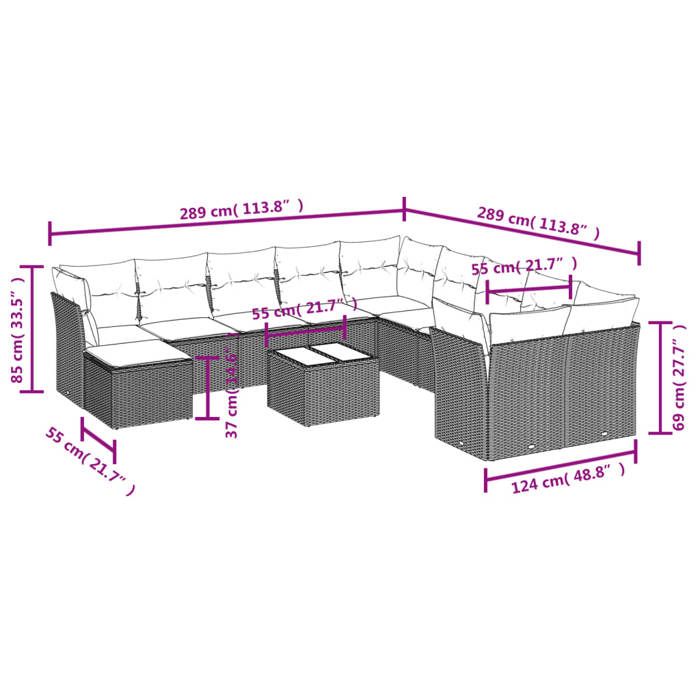 VidaXL Garden Lounge Set with 12 Pcs Cushions, Sofas with Adjustable Feet, Outdoor Furniture Set Patio Terrace, 3218623