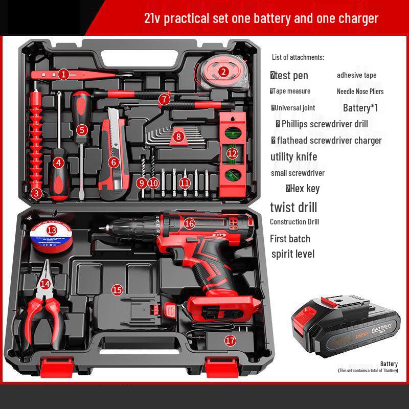 Cordless Lithium Battery Drill Hand Tool Set for Electricians & Carpenters - Multifunctional Repair Kit with Tool Box