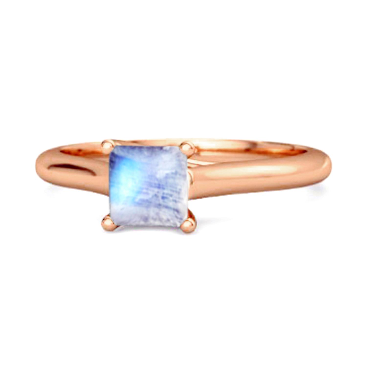 Solitaire Square Cut Moonstone 925 Sterling Silver Rose Gold Vermeil Promise Ring 6.5