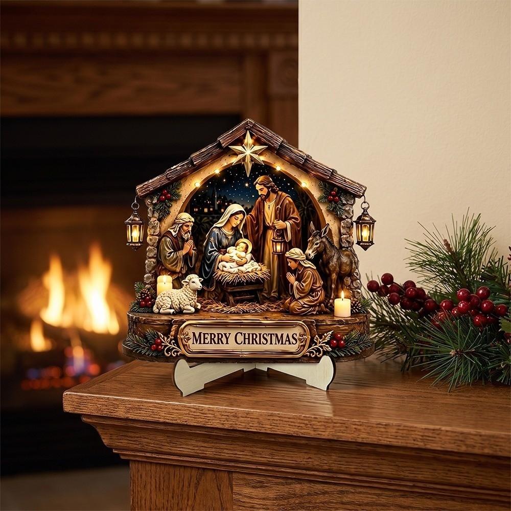 Vintage Rustic Christmas Nativity Wooden Ornament 2D Flat Christmas Prayer Theme Sign Office