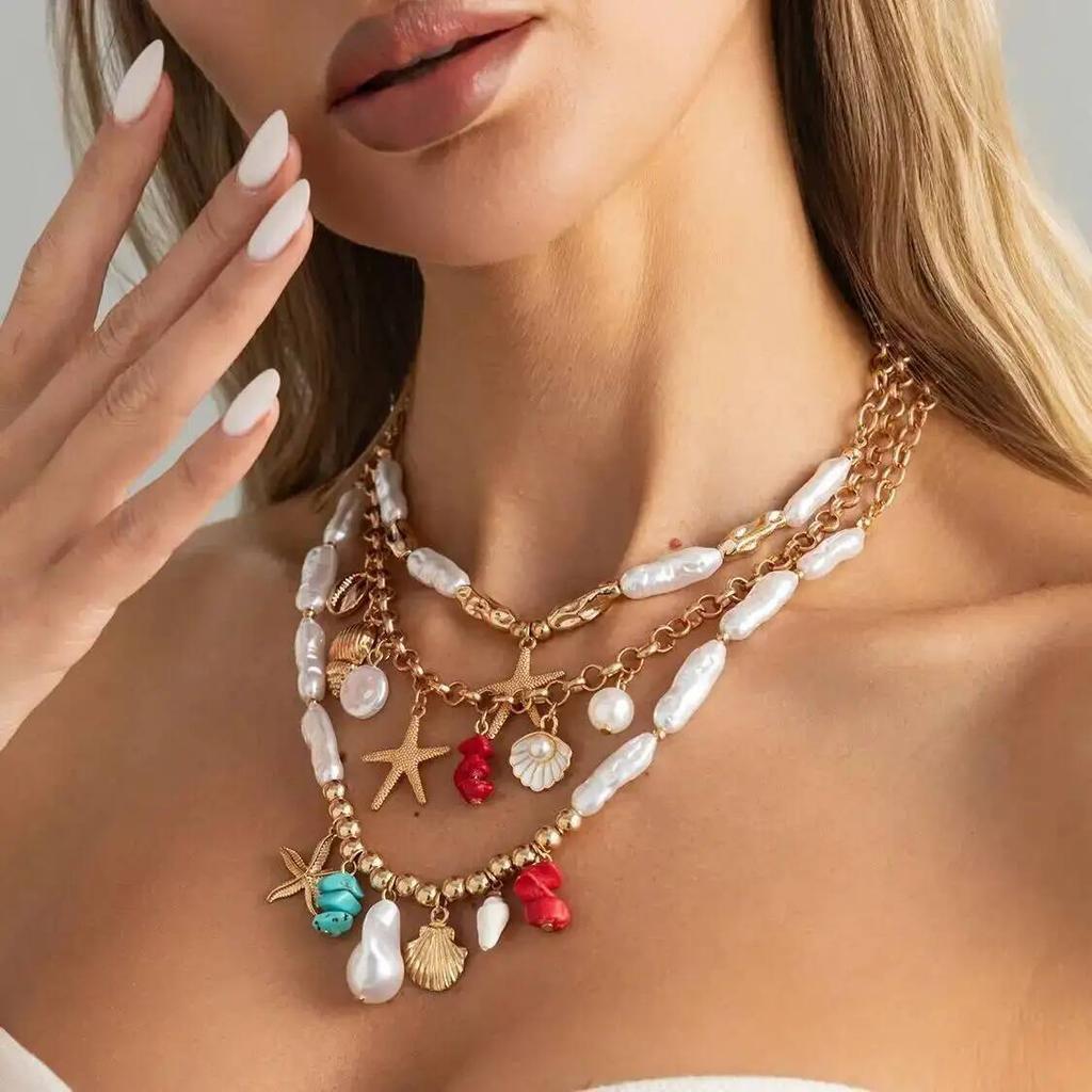 SHIXIN 3 Pcs/Set Boho Baroque Imitation Pearl Chain Necklace for Women Trendy Beach Starfish Scallop Pendant Choker Jewelry Gift