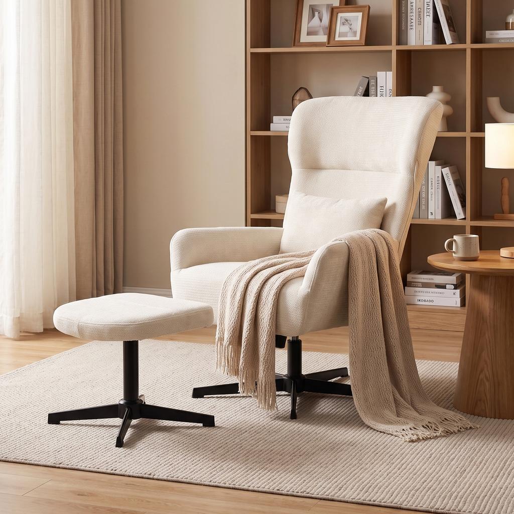 360 Degrees Swivel Lounge Chair with Stool, Height-Adjustable, Chenille Cover, with Lumbar Cushion, Cream White