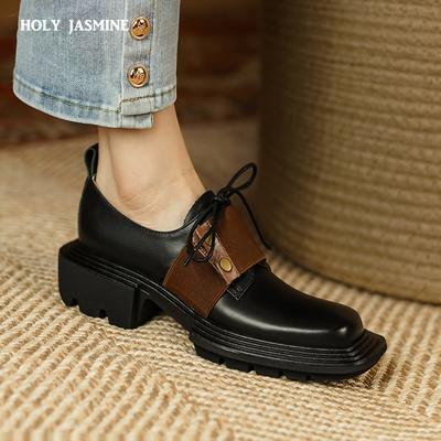 Lace-up Black Women Shoes 2024 New Genuine Leather Shoes Woman Heels Working Thick Botton Square Toe Women Shoes Shoes for Women