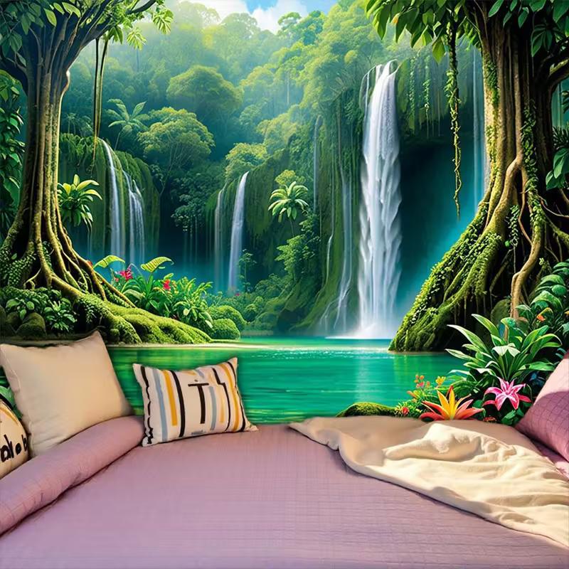 2D Turquoise Pool Waterfall Tapestry Lush Rainforest Photography Background