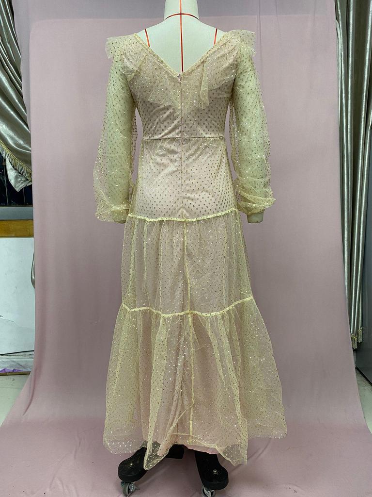 Rochie de seară pentru femei europene și americane, primăvară/vară 2025, sexy, cu decolteu în V, cu accente aurii, cu mânecă lungă