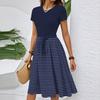 Women's Casual Fashion Belted Striped Printed Short Sleeve Round Neck Elegant Flowing Dress
