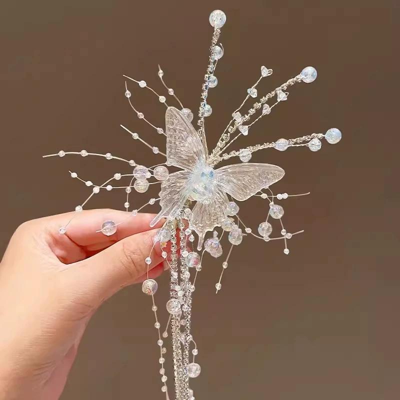 Long Crystal Butterfly Bead Tassel Hair Clips for Women Shiny Luxury Headwear Side Bangs Double Ponytails Photos Accessory Gift