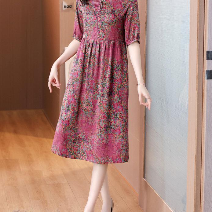 

Thirteen Rows Slimming Satin Print Casual Dress for Women – Loose Fit, Short Sleeve, Large Hem, Ideal for Middle-Aged & Elderly. Large