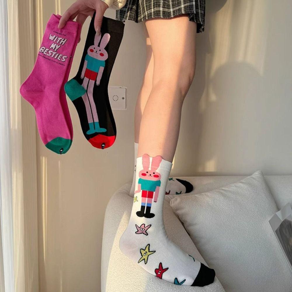 

5Pairs Rabbit Letter Mid-Calf Socks Multicolor Tube Socks Women Cute Cartoon Socks 5 Pairs 5 Pairs