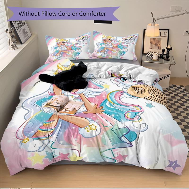 3pcs Rainbow Unicorn Fantasy Bedding Set-Magical Home Decor for Bedroom, Guest Room, Living Room & Hotel-Perfect Gift for Fans, Travelers, D