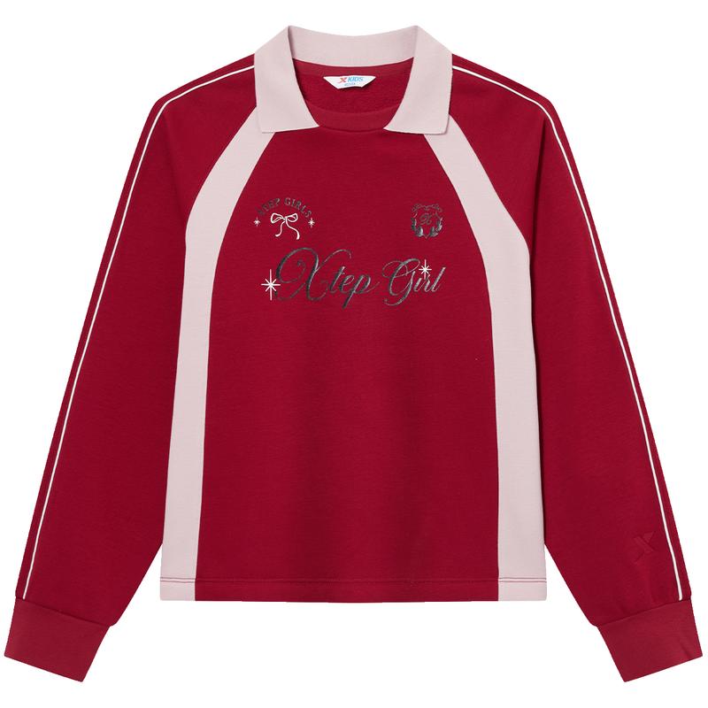 XTEP Girls Color-Block Polo Collar Long-Sleeve Winter Fleece Sweatshirt 140