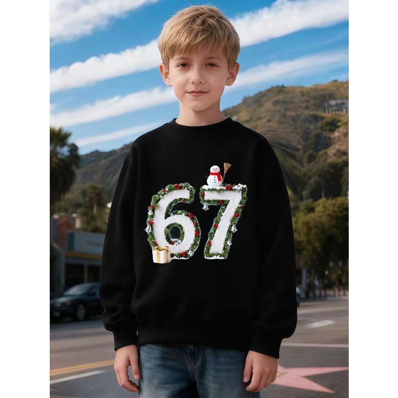 Children's Clothing Kids Unisex ' Round Neck Sweatshirt 67 's SixtySeven67 Christmas Number Theme Creative Digital Snowman Wreath Pattern Unisex