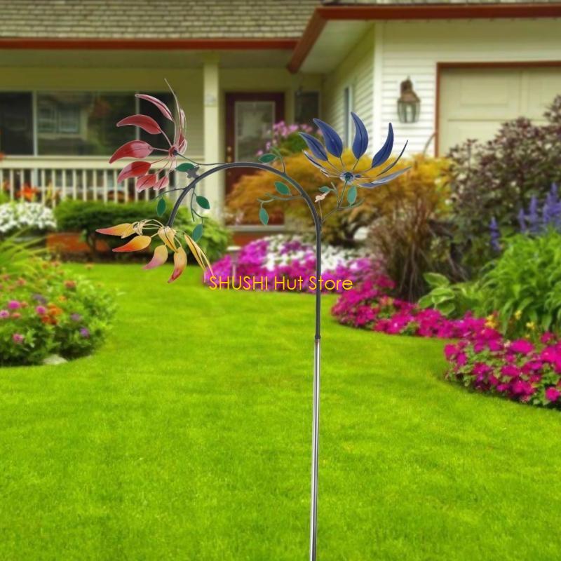 Large Metal Wind Spinner with Three Spinning Flowers Butterflies Windmill Decor D57B
