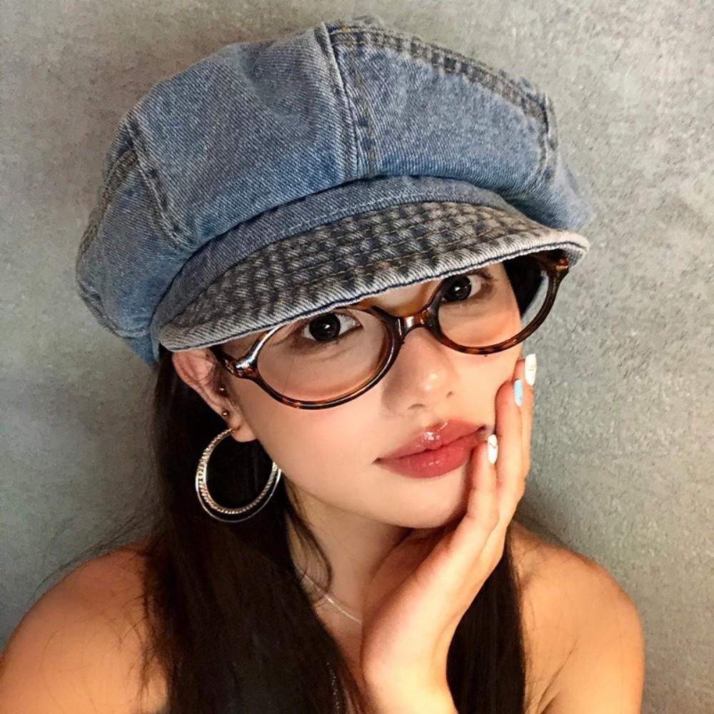 Cloud Octagonal Cap Vintage Peaked Hat Korean Washed Denim Beret  Women