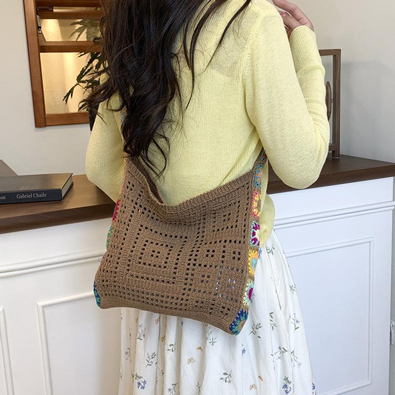 Large Capacity Fashion Cut-out Boho Tote Bag Trendy Floral Crochet Handmade Knitted Bag Vintage Multicolor Hollow Out Handbag