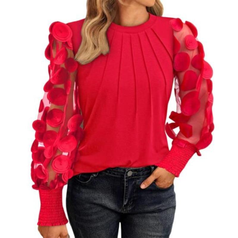 Top da donna, girocollo, in rete, a sbuffo, a maniche lunghe, tinta unita, versatile, stile camicetta