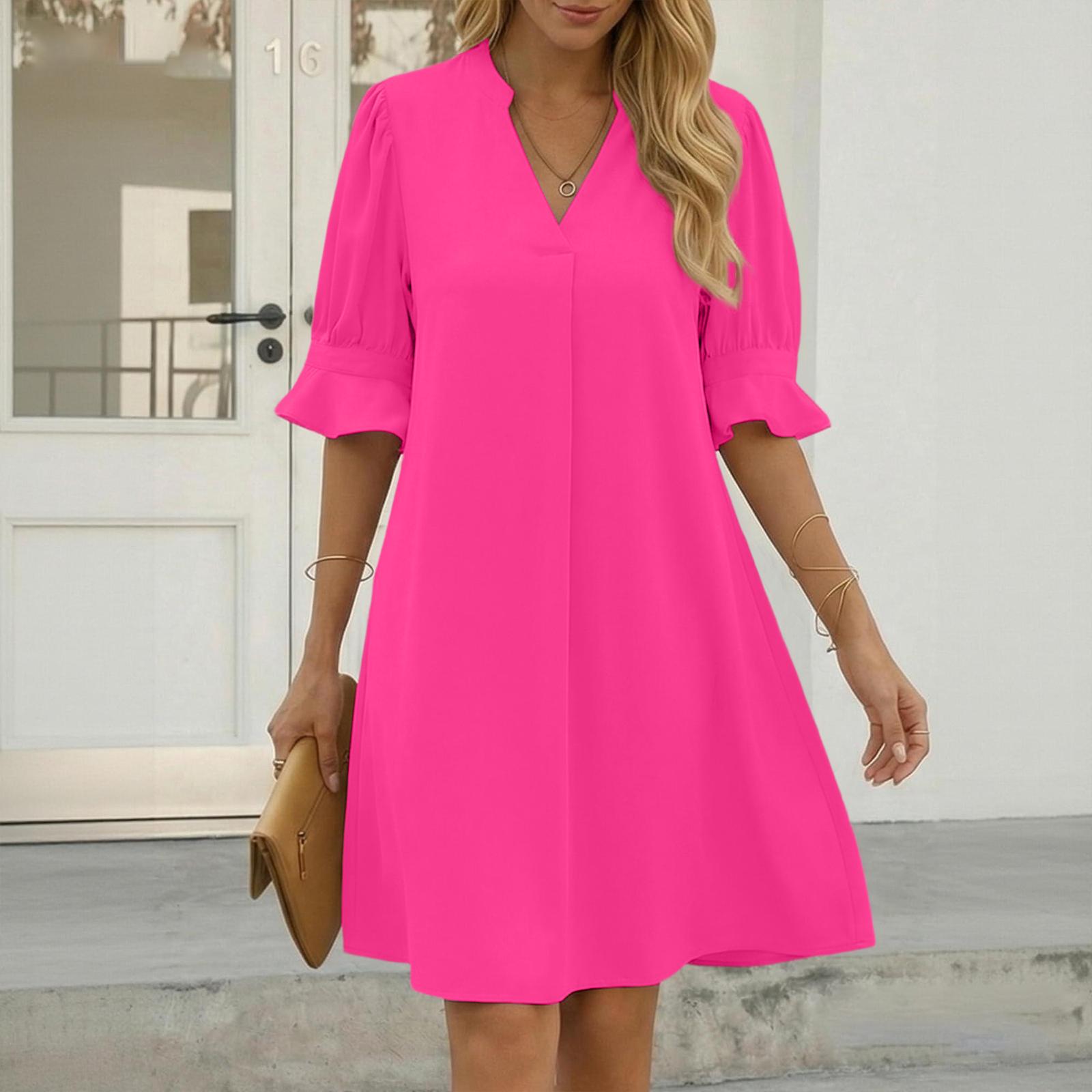 Women s Casual Plain V-neck Loose Pleated Five-quarter Sleeve Dress Summer XXL