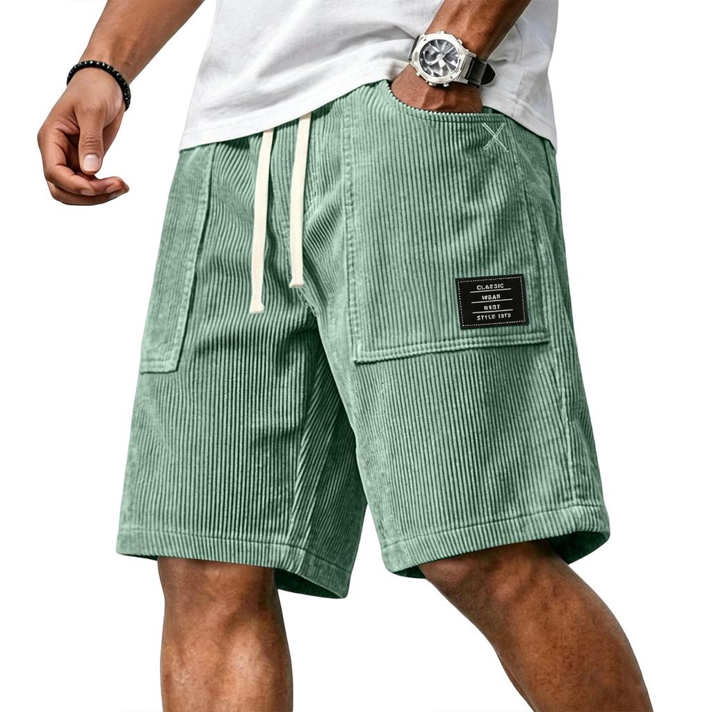 Pantaloncini Casual da Uomo in Velluto a Coste con Coulisse in Vita e Stampa con Lettere Applicate, Vestibilità Rilassata, Lunghezza al Ginocchio, per l'Uso Quotidiano