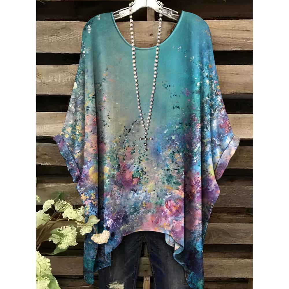 Bohemian Top for Women Elegant Colour Floral Graphics Design Round Neck Irregular Hem Women Casual Fashion Women Vacation Tops