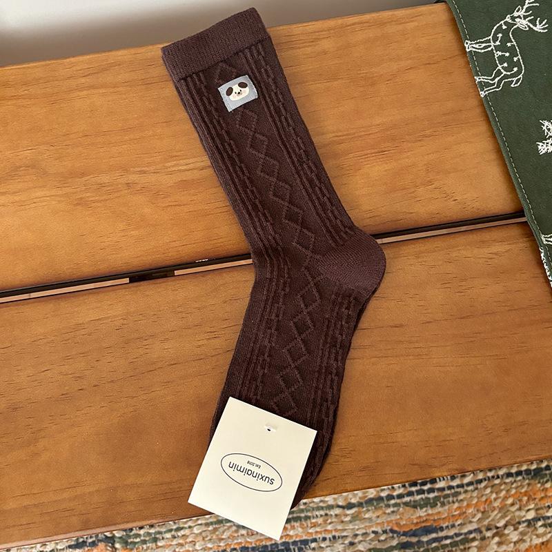 Women's Spring, Autumn and Winter Blue Coffee Mid-calf Socks Embroidered Puppy Warm Fleece Pile Socks
