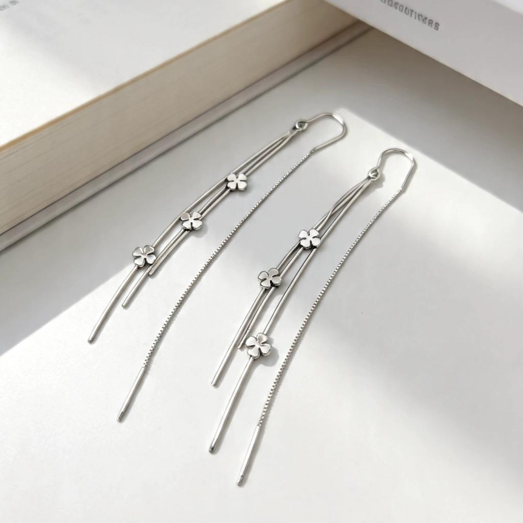 Factory 925 Sterling Silver Rhodium Plated Clover Tassel Chain Earring Women Versatile Everyday Wear Earring Jewelry
