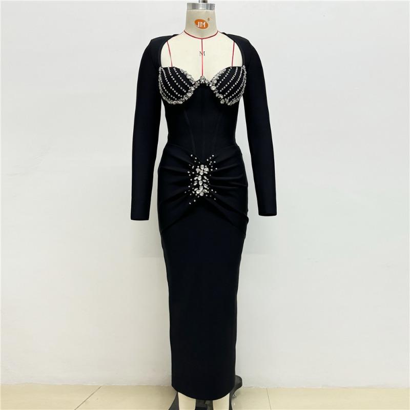 New long-sleeved bandage dress temperament long dress fashion dress heavy industry diamond women's temperament
