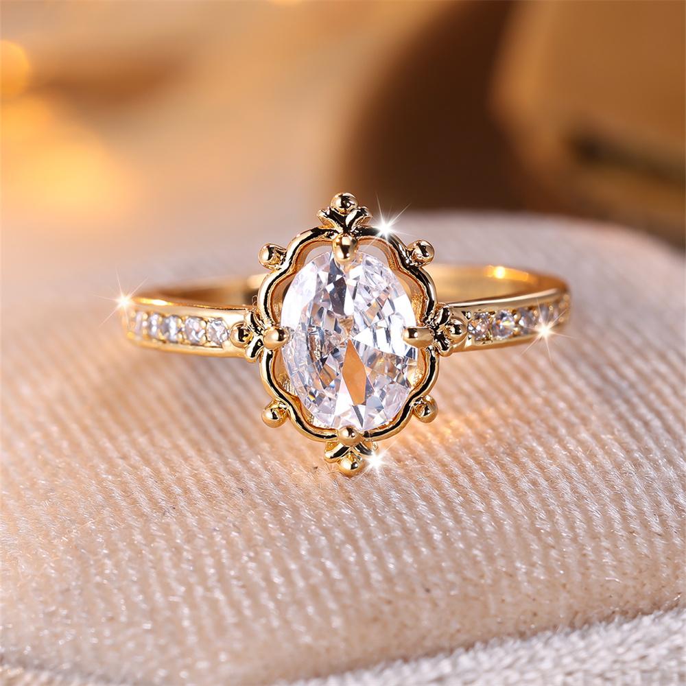 Champagne Zircon Egg Shape Stone Ring Luxury Crystal Oval Engagement Rings For Women Vintage Gold Color Wedding Jewelry
