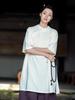 Women's Cotton Linen Stand Collar Cross-Lapel Tie-Up Zen Loose Spring Dress