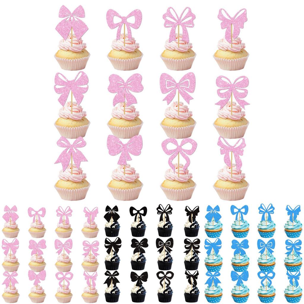 Anniversary Cake Topper Party Decor With Gold Glitter Paper Bows And Flags For Memorable Parties