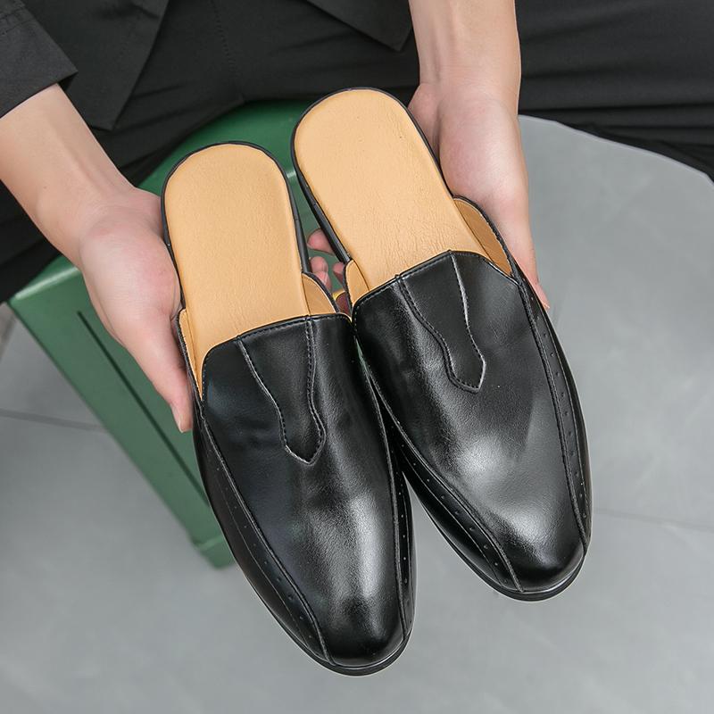 Fashion Handmade Man Muller Shoes Summer Men Casual Leather Shoes Moccasins Breathable Slip on Half Drag Mens Driving Loafers Lazy Flats