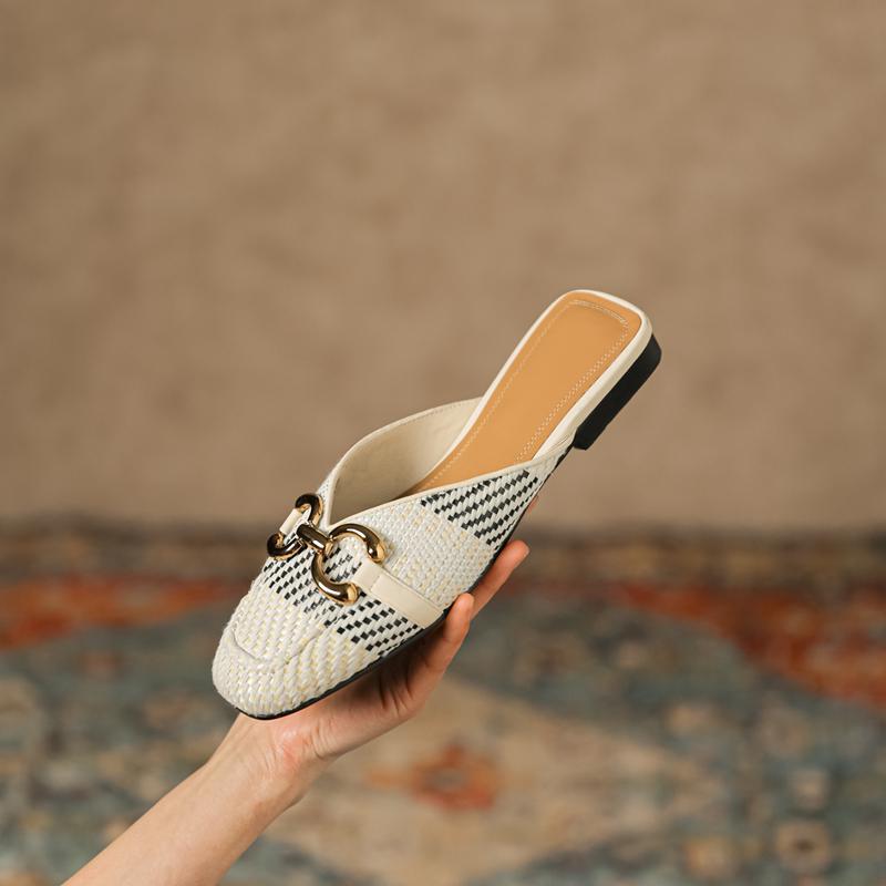 Fashion 2025 New Woven Fabric Mules Casual Summer Sandals Shoes for Women Toe Sandals Low Heel Slippers Shoes Women Metal Decoration