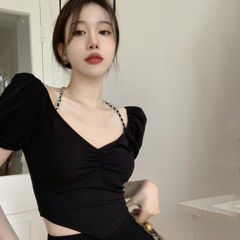 

Женские топы Нерегулярная цепь Backless Slim Сексуальные короткие рукава V Шея