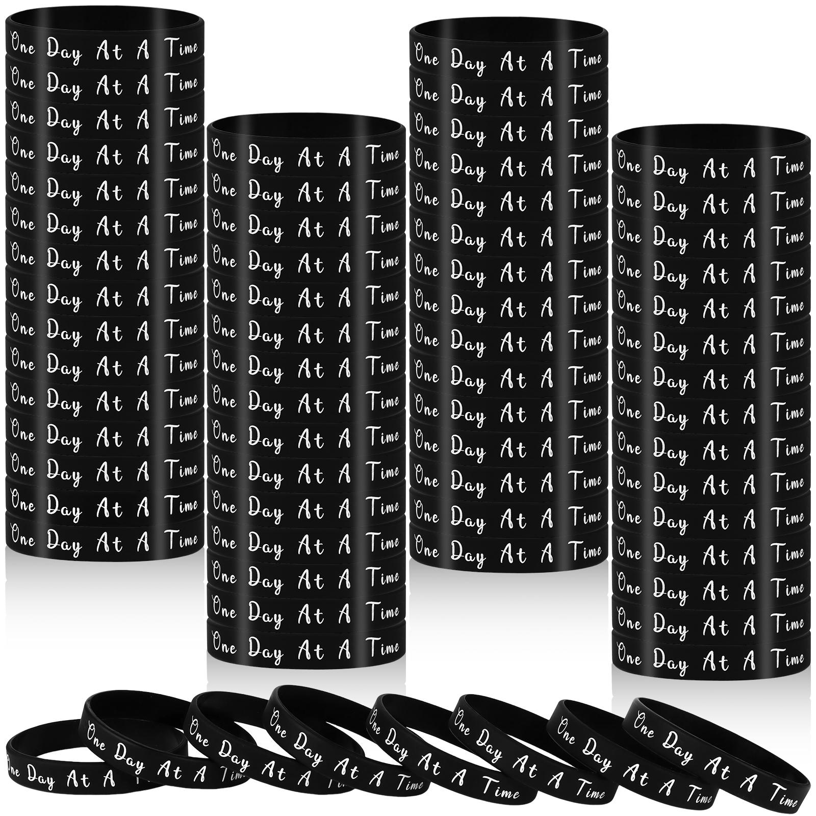 

60 Pcs One Day At A Time Silicone Motivational Wristbands Black Inspirational Rubber Bracelets Sobriety Gifts For Addiction Reco