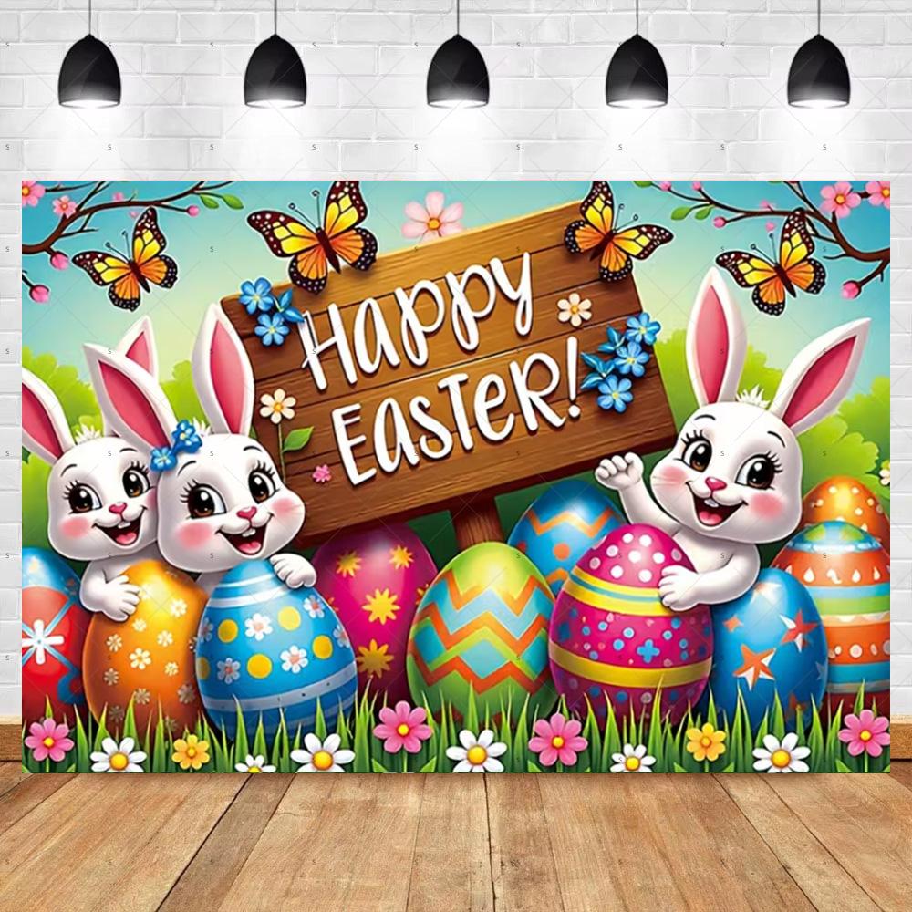 Spring Vibrant Rabbit Backdrop Supplies Happy Easter Theme Background Banner Bunny Easter Eggs Party Decoration Photography Prop