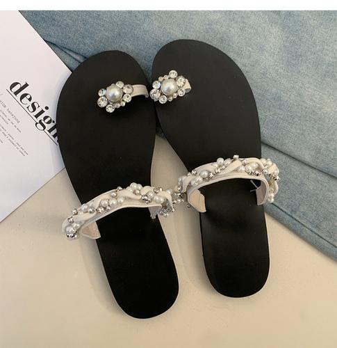 Rhinestone Slippers Women Summer Fashion One-word Drag Square Head Flat Bottom Vacation Travel Beach pearls Sandals and Slippers