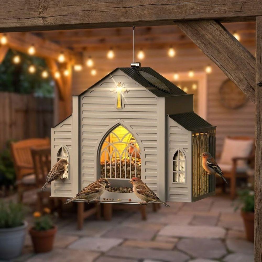 LED Lights Solar Bird Feeder Heavy-Duty House Shape Hanging Wild Bird Feeder Solar-Powered Bird Cage Bird Feeding Station