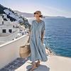 Women Summer Long Dress Tie Neck Short Sleeve Flowy Beach Sundress Casual Loose Vacation Long Dress with Pockets