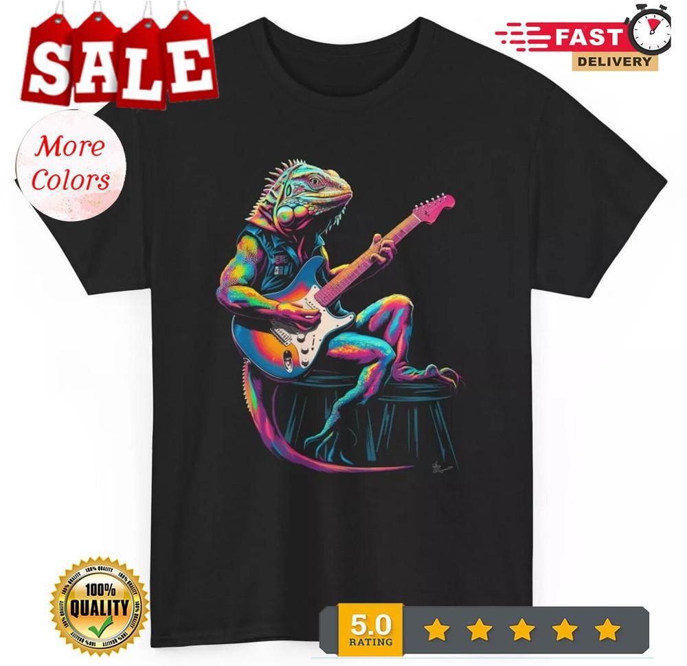 Iguana Playing Guitar T-shirt - Musician Lizard Heavy Metal Rock Music Tee XL